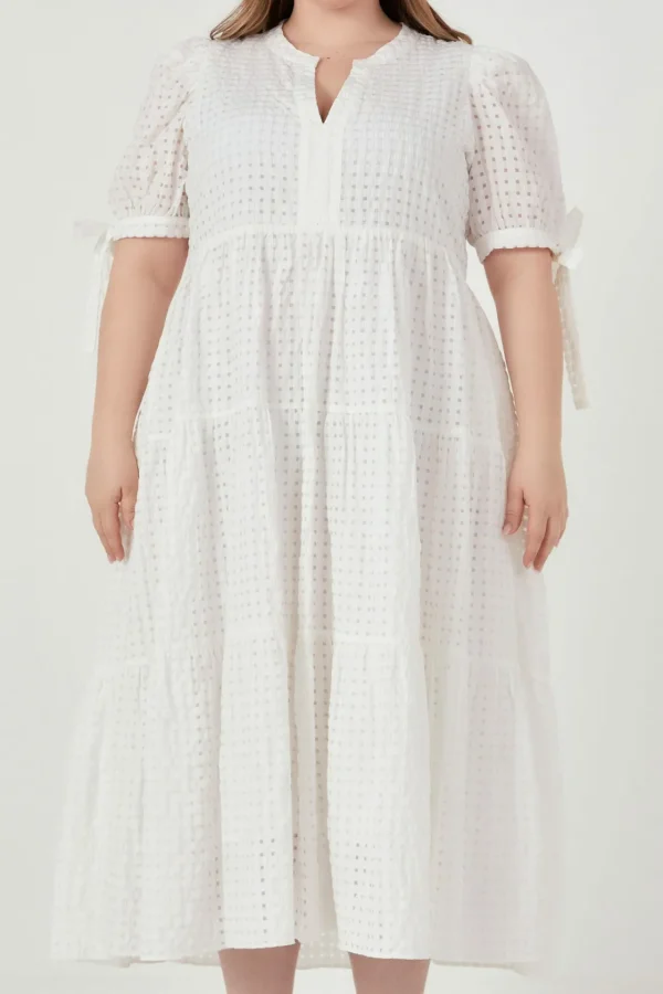 ENGLISH FACTORY White Dresses | Tops*- Gingham Tiered Midi Dress with Bow Tie Sleeves - Plus