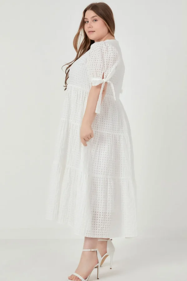 ENGLISH FACTORY White Dresses | Tops*- Gingham Tiered Midi Dress with Bow Tie Sleeves - Plus