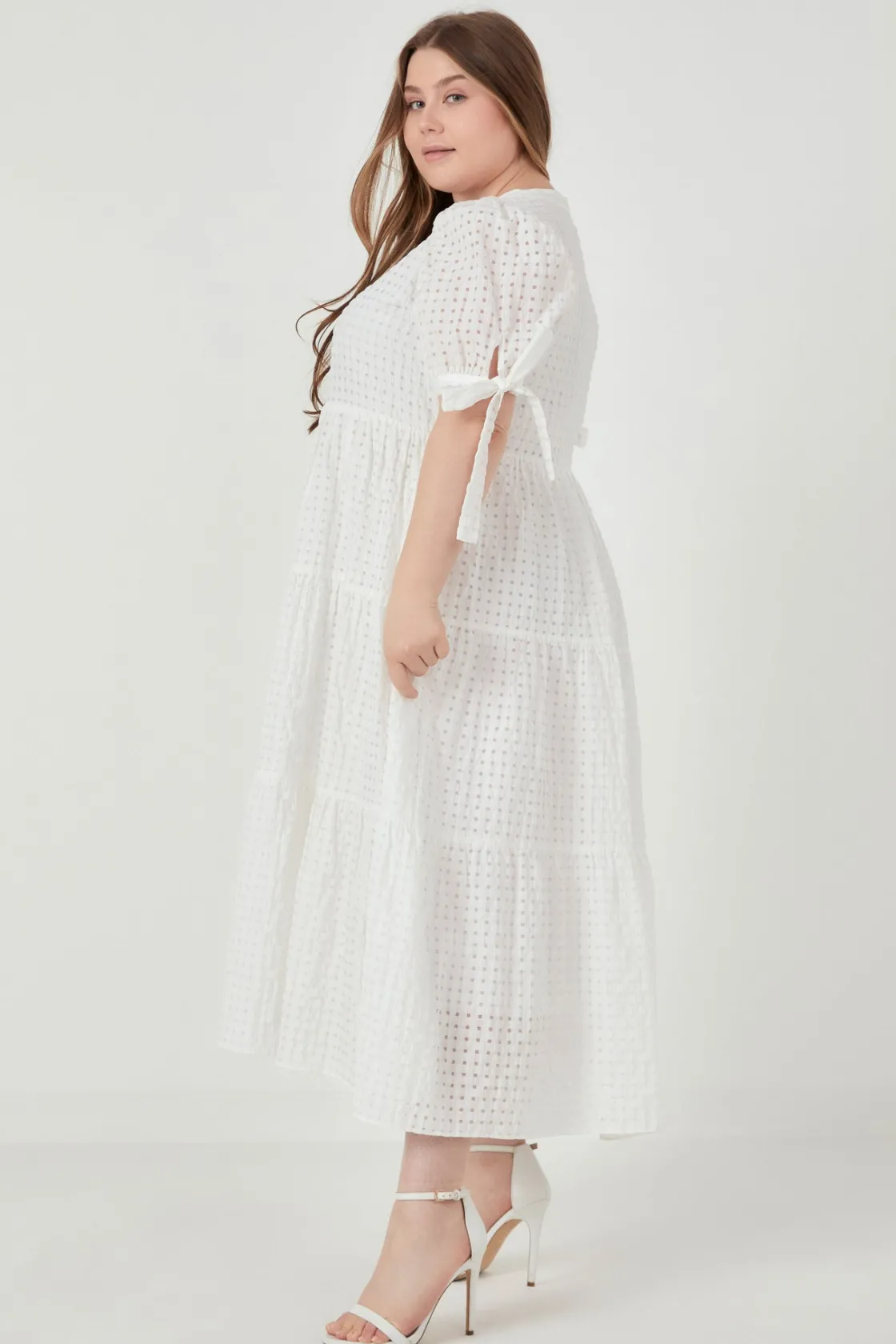 english_factory__gingham__21.webp ENGLISH FACTORY White Dresses | Tops*- Gingham Tiered Midi Dress with Bow Tie Sleeves - Plus