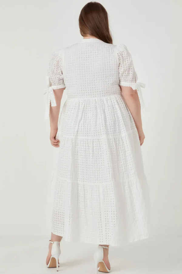 ENGLISH FACTORY White Dresses | Tops*- Gingham Tiered Midi Dress with Bow Tie Sleeves - Plus
