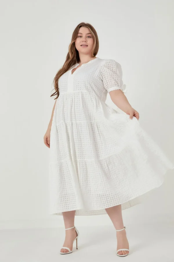 ENGLISH FACTORY White Dresses | Tops*- Gingham Tiered Midi Dress with Bow Tie Sleeves - Plus