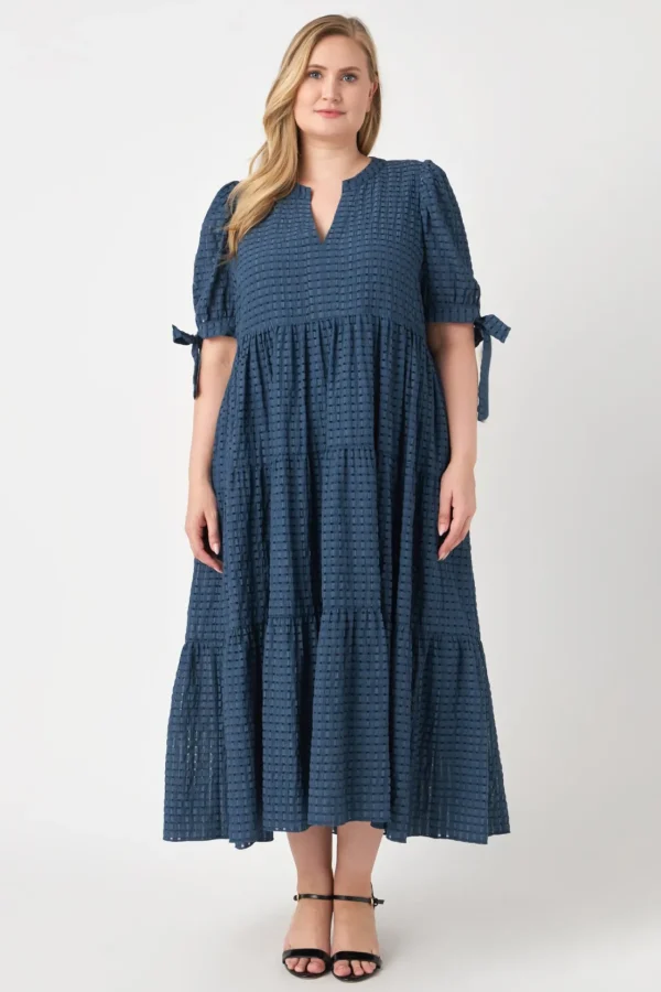 ENGLISH FACTORY White Dresses | Tops*- Gingham Tiered Midi Dress with Bow Tie Sleeves - Plus