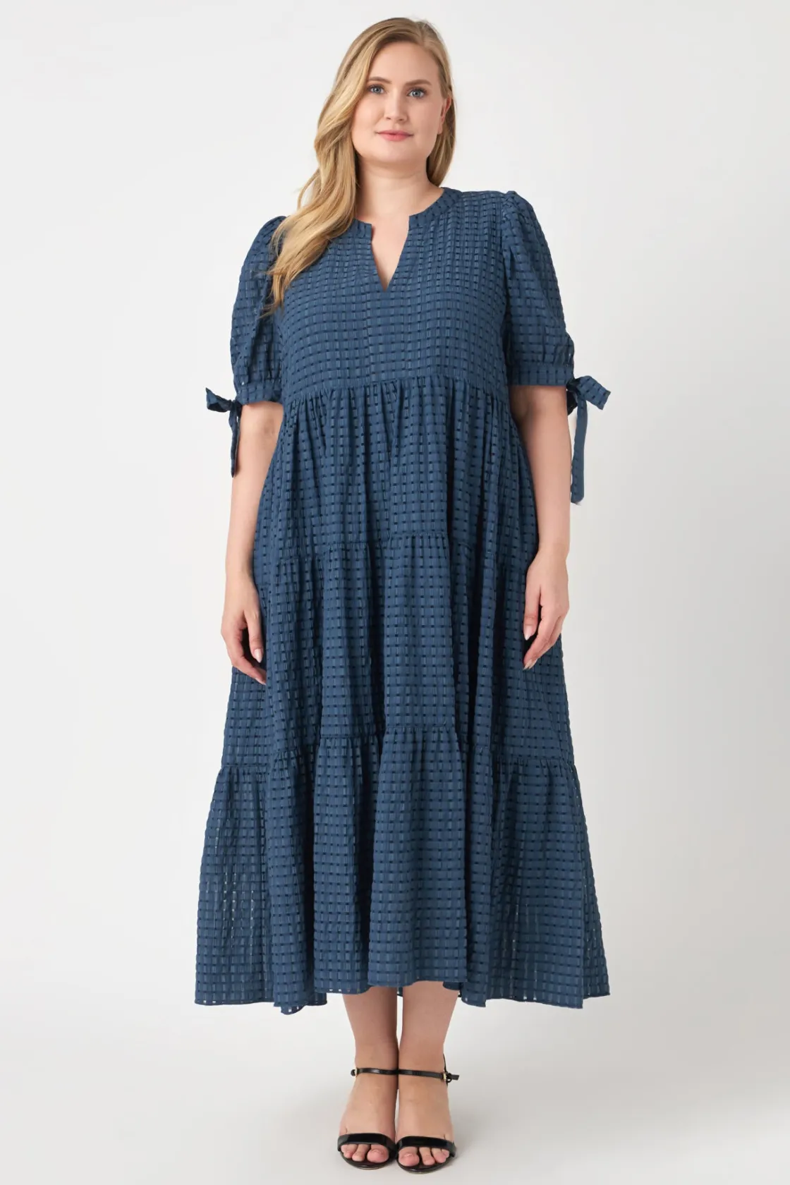 english_factory__gingham__24.webp ENGLISH FACTORY White Dresses | Tops*- Gingham Tiered Midi Dress with Bow Tie Sleeves - Plus