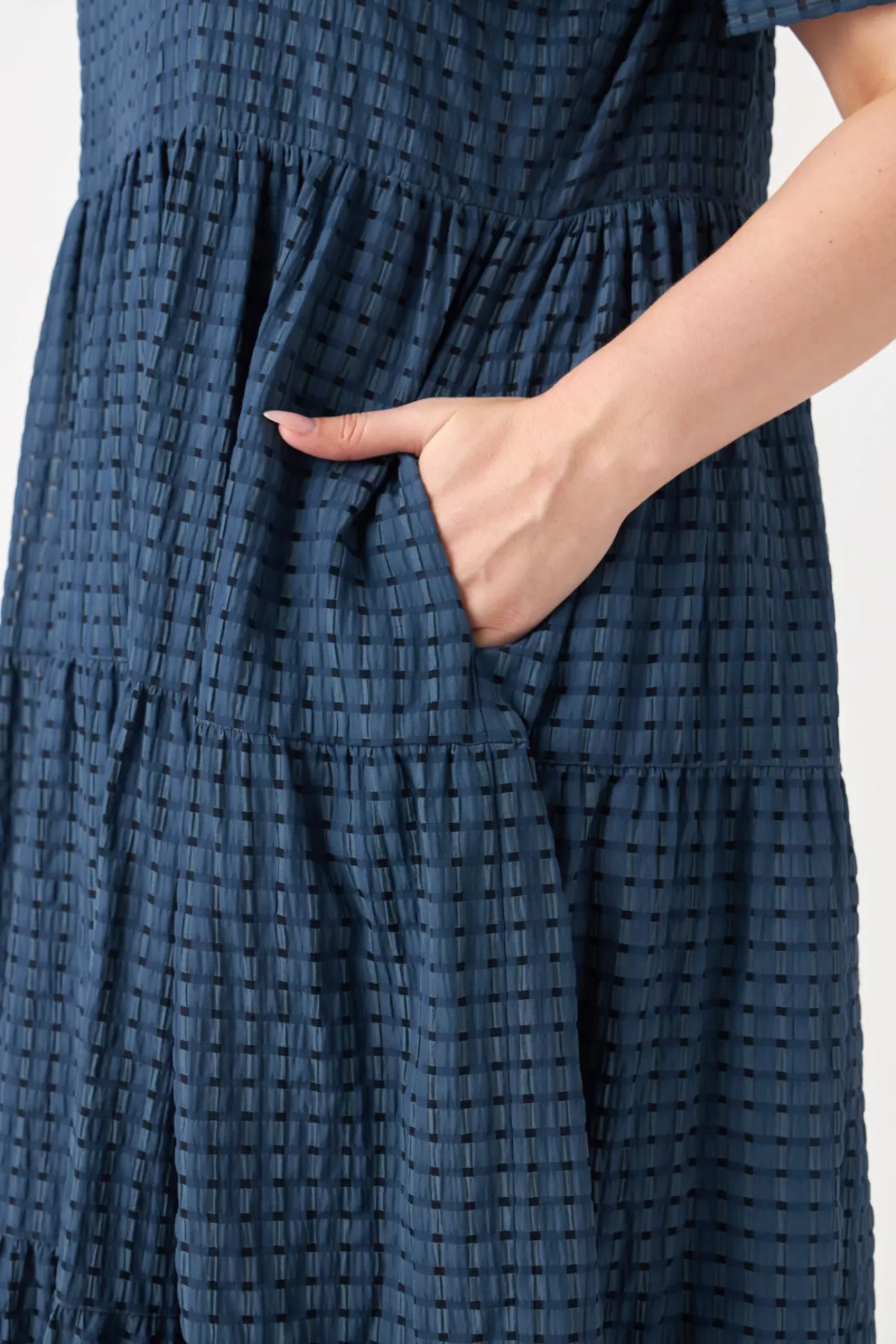 english_factory__gingham__25.webp ENGLISH FACTORY White Dresses | Tops*- Gingham Tiered Midi Dress with Bow Tie Sleeves - Plus