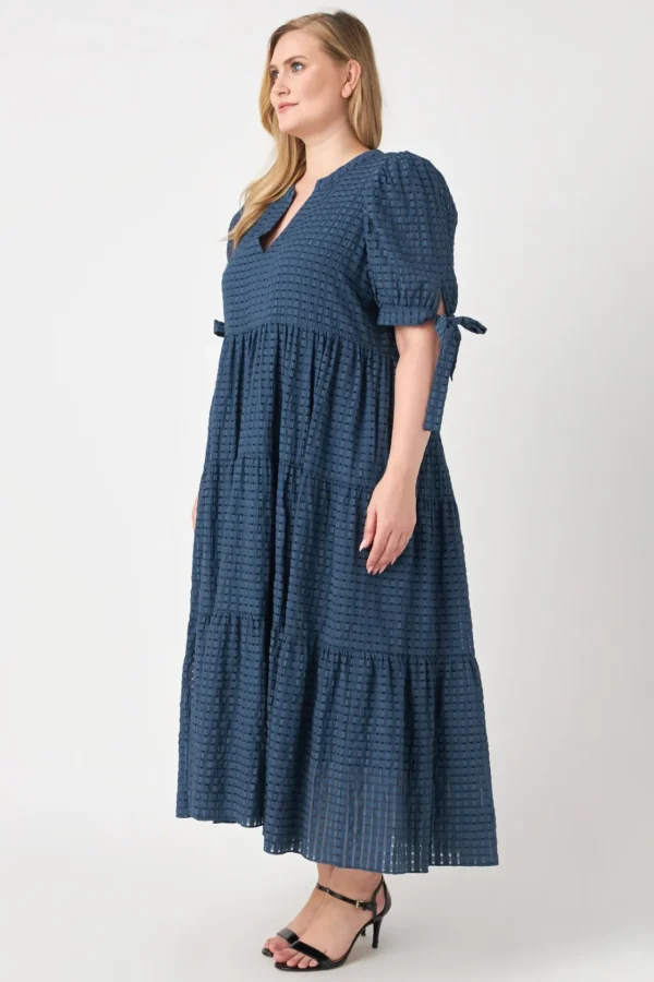 ENGLISH FACTORY White Dresses | Tops*- Gingham Tiered Midi Dress with Bow Tie Sleeves - Plus
