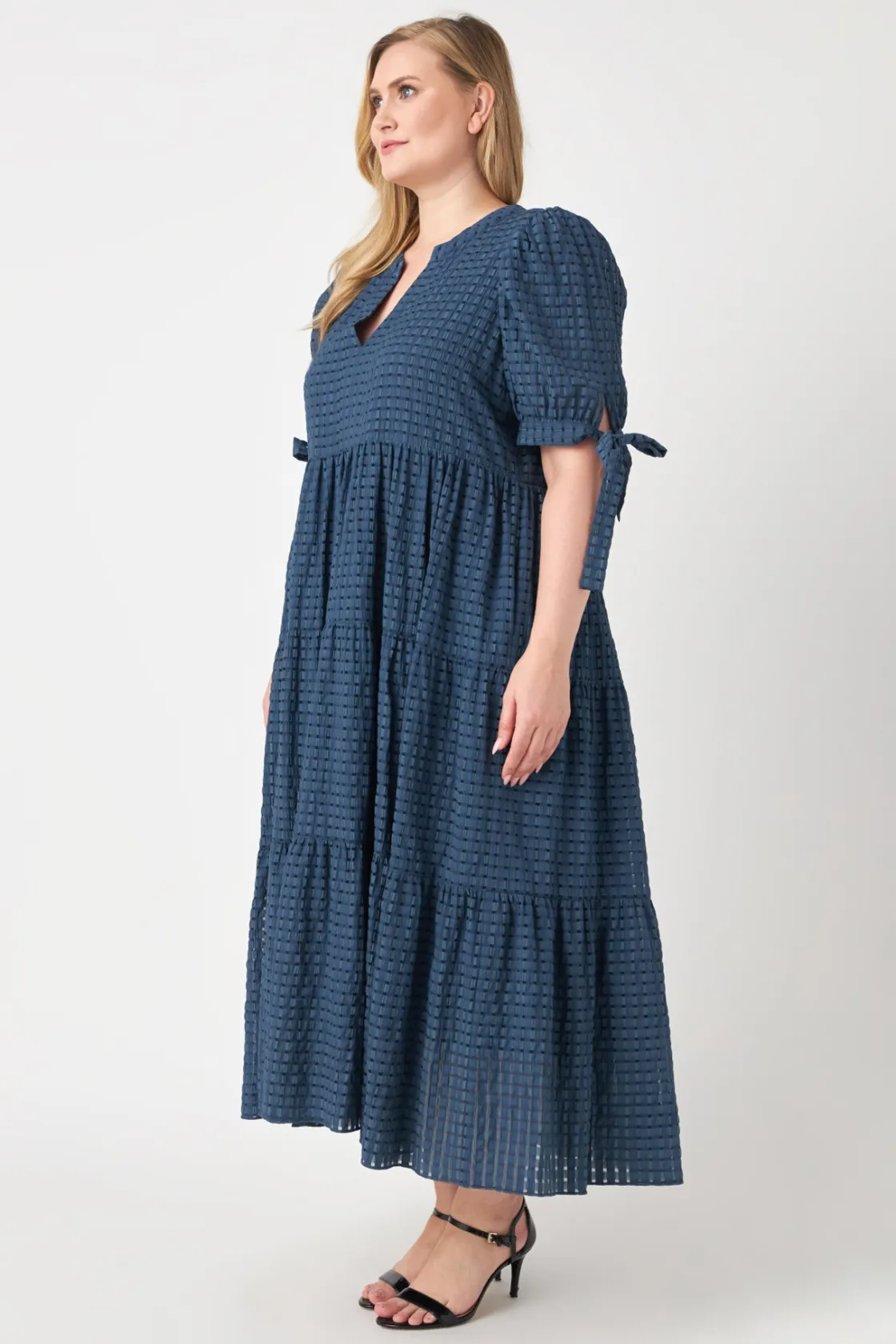 english_factory__gingham__26.webp ENGLISH FACTORY White Dresses | Tops*- Gingham Tiered Midi Dress with Bow Tie Sleeves - Plus