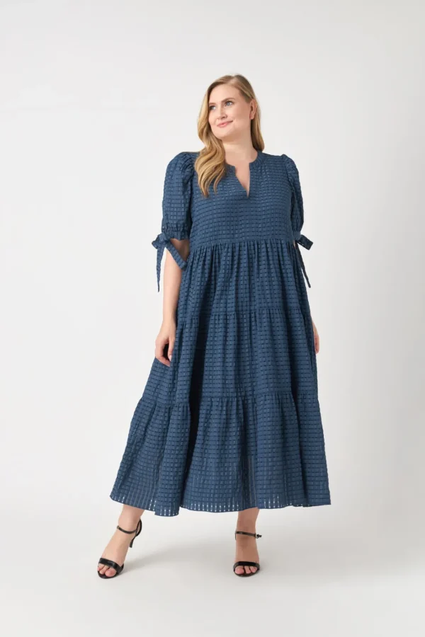 ENGLISH FACTORY White Dresses | Tops*- Gingham Tiered Midi Dress with Bow Tie Sleeves - Plus