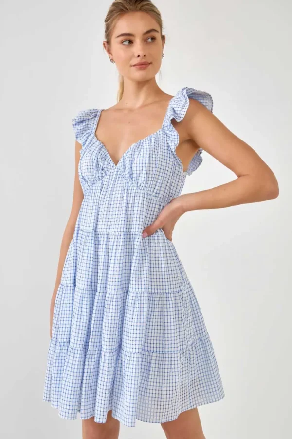 ENGLISH FACTORY Tops*- Gingham Printed Tiered Mini Dress