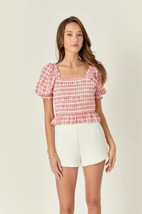 ENGLISH FACTORY Tops*- Gingham Contrast Bow Top RED