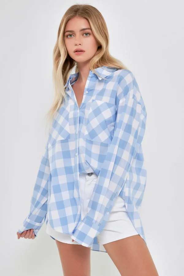 ENGLISH FACTORY Shirts & Blouses | Tops*- Gingham Checked Shirts WHITE/BLUE