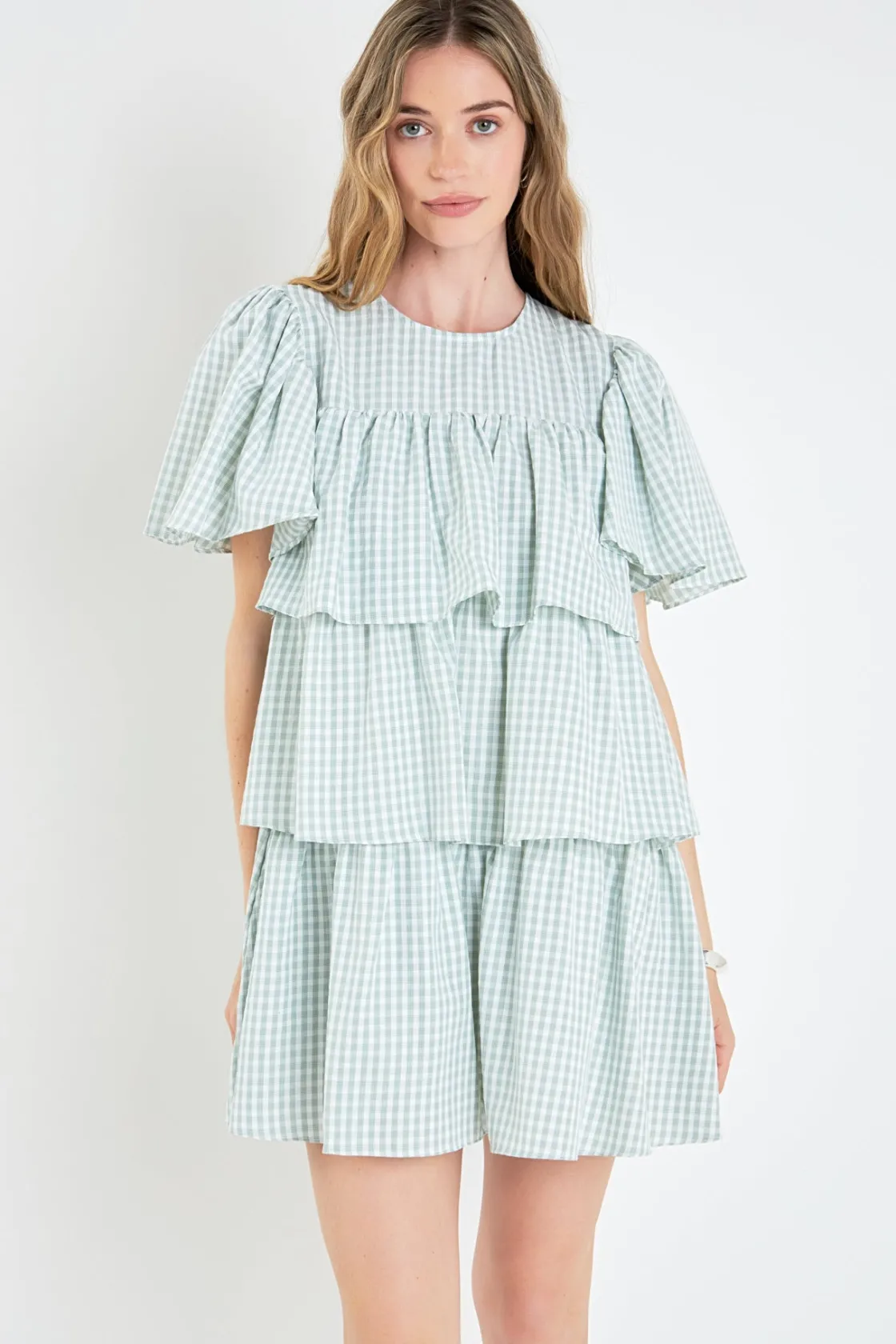 english_factory__gingham__3-2.webp ENGLISH FACTORY Tops*- Gingham Print Tiered Dress GREEN/WHITE