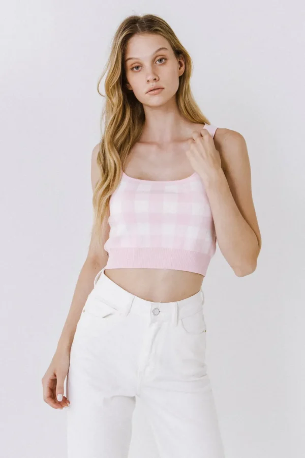ENGLISH FACTORY Matching Sets | Tops*- Gingham Knit Tank Top PINK/WHITE
