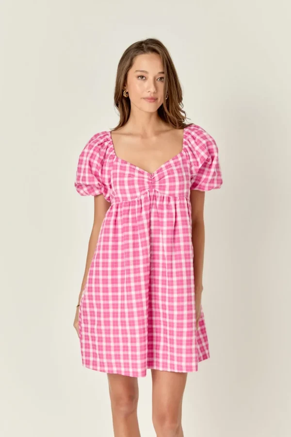 ENGLISH FACTORY Puff Sleeve | Tops*- Gingham Linen Sweetheart Baby Doll