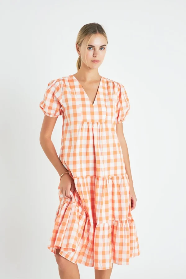 ENGLISH FACTORY Puff Sleeve | Tops*- Gingham Midi Dress ORANGE