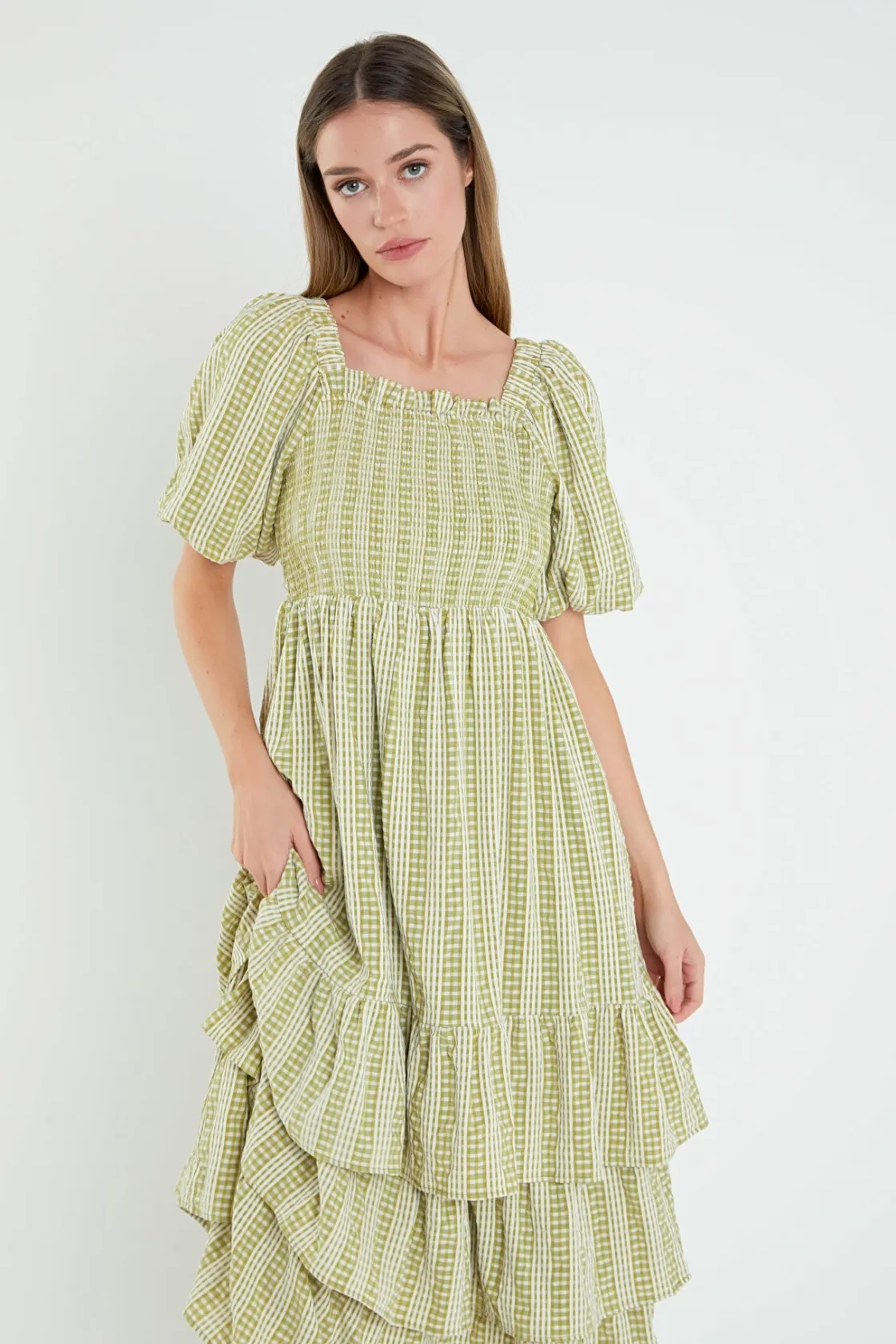 english_factory__gingham__3-28.webp ENGLISH FACTORY Puff Sleeve | Tops*- Gingham Striped Multi Tiered Maxi AVOCADO