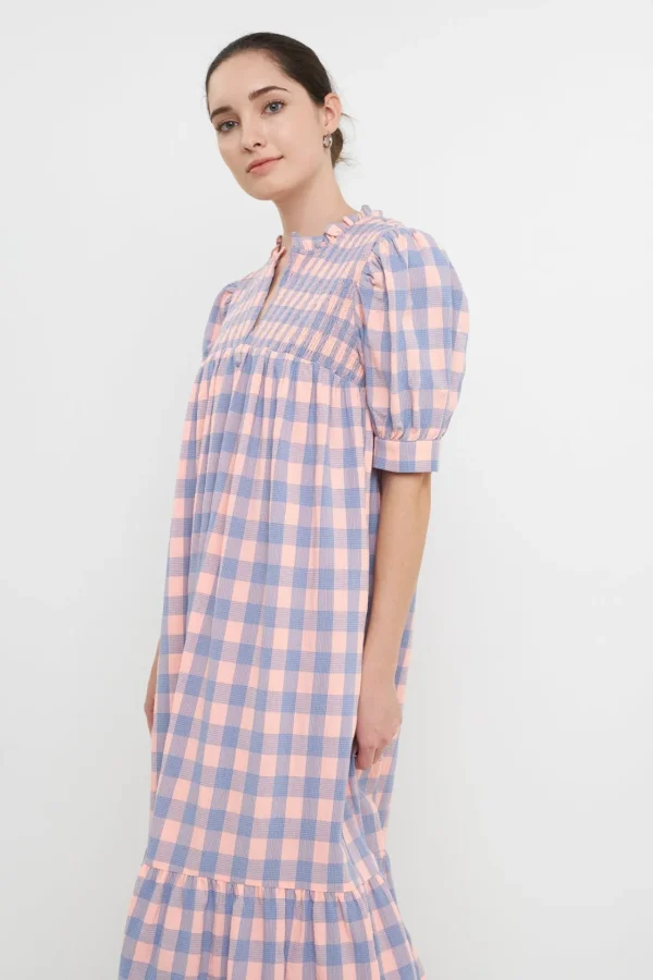 ENGLISH FACTORY Puff Sleeve | Tops*- Gingham Textured Smocked Yoke Midi Dress PINKPURPLE