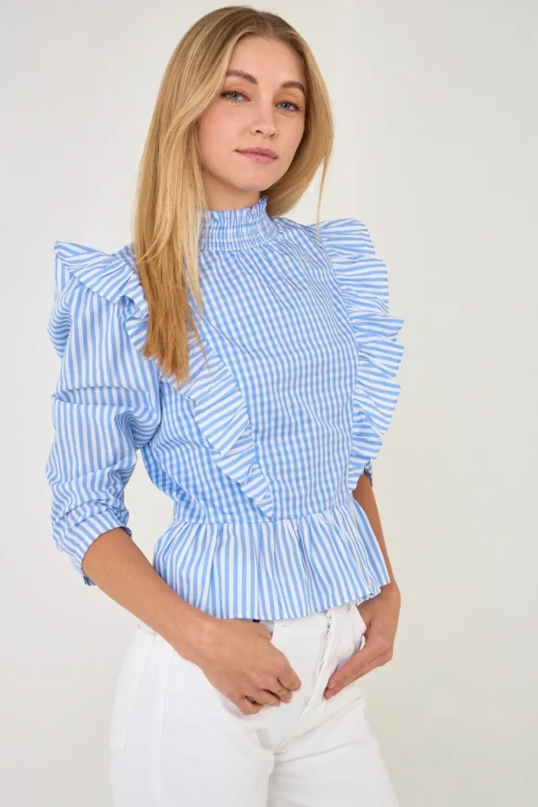 ENGLISH FACTORY Tops*- Gingham Check & Stripe Mixed Blouse POWDERBLUE