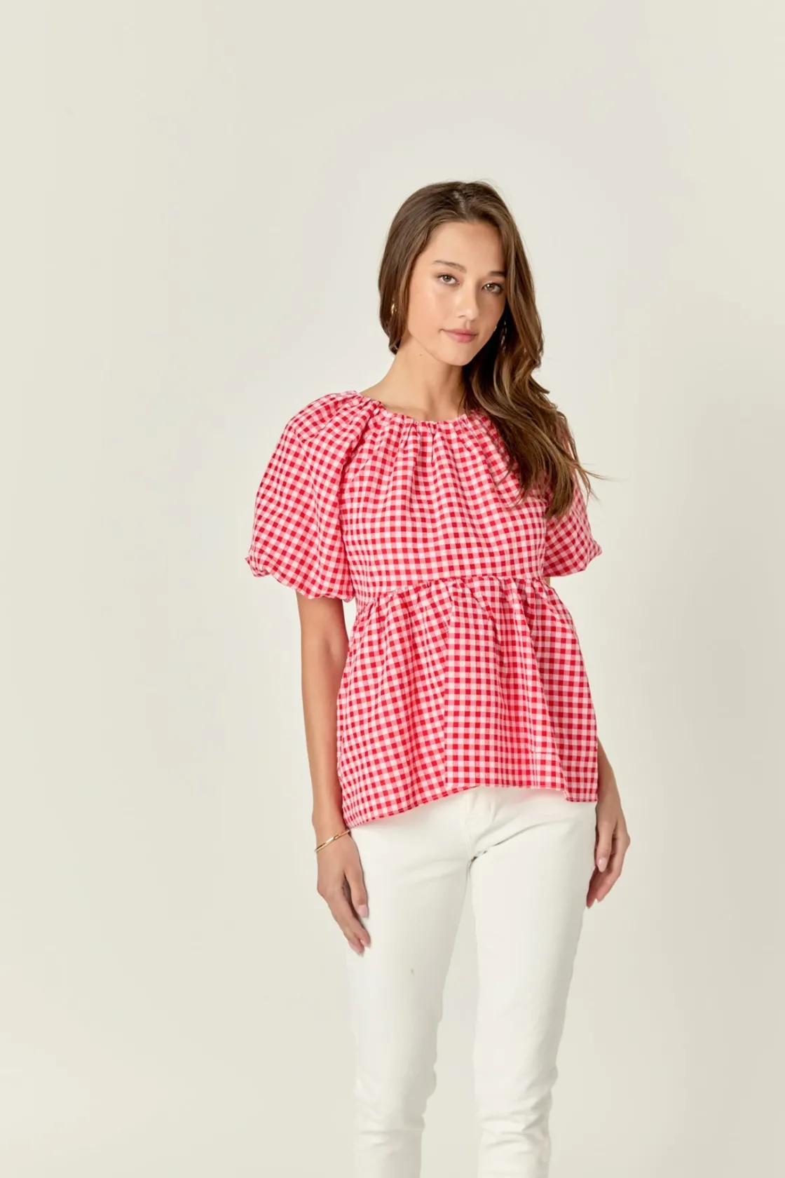english_factory__gingham__3-4.webp ENGLISH FACTORY Tops*- Gingham Neck Shirred Flowy Top PINK/RED