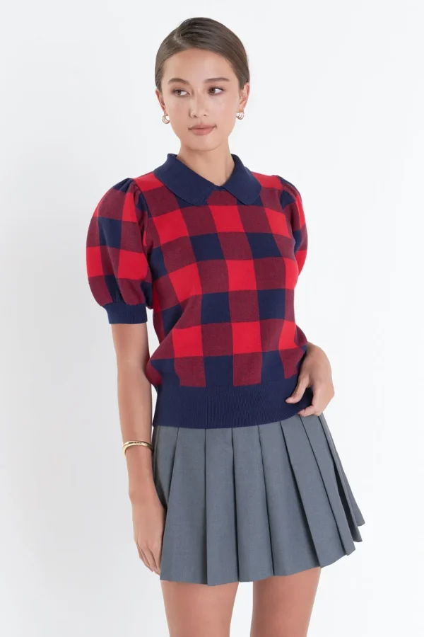 ENGLISH FACTORY Tops*- Gingham Collar Knit Top NAVY/RED