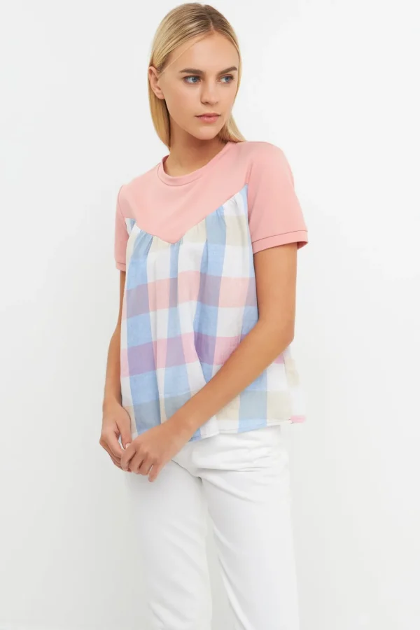 ENGLISH FACTORY Tops*- Gingham Combo Top PINK