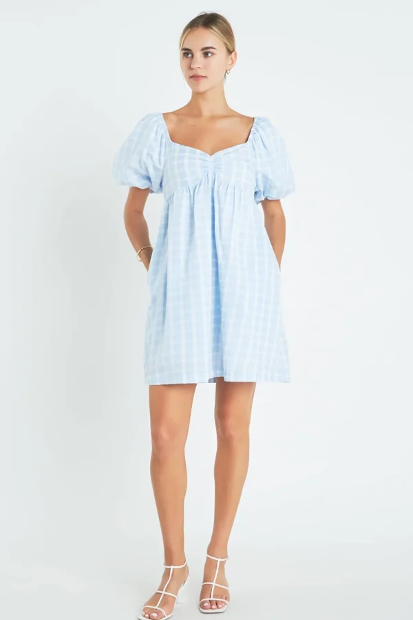ENGLISH FACTORY Puff Sleeve | Tops*- Gingham Linen Sweetheart Baby Doll