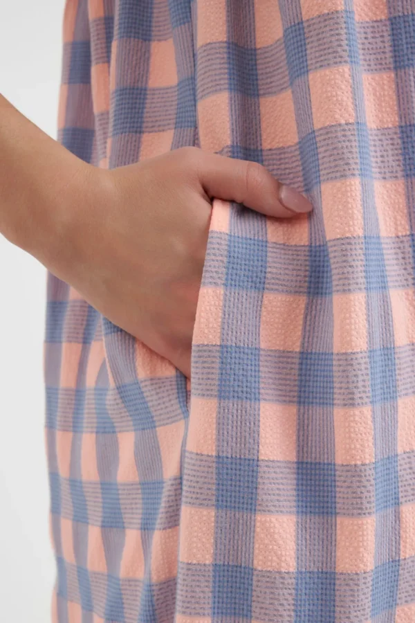 ENGLISH FACTORY Puff Sleeve | Tops*- Gingham Textured Smocked Yoke Midi Dress PINKPURPLE
