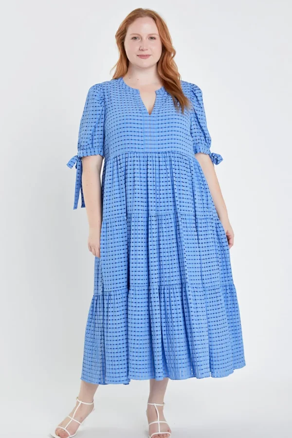 ENGLISH FACTORY White Dresses | Tops*- Gingham Tiered Midi Dress with Bow Tie Sleeves - Plus