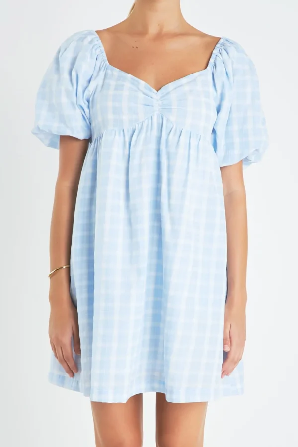 ENGLISH FACTORY Puff Sleeve | Tops*- Gingham Linen Sweetheart Baby Doll