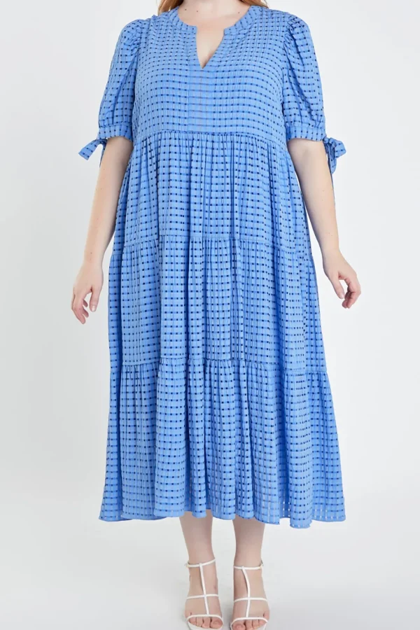 ENGLISH FACTORY White Dresses | Tops*- Gingham Tiered Midi Dress with Bow Tie Sleeves - Plus