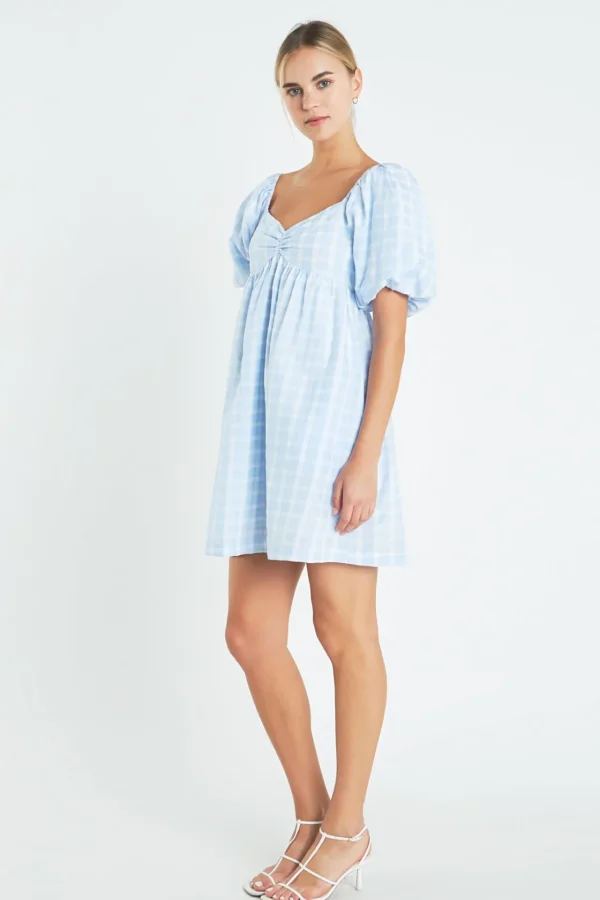ENGLISH FACTORY Puff Sleeve | Tops*- Gingham Linen Sweetheart Baby Doll