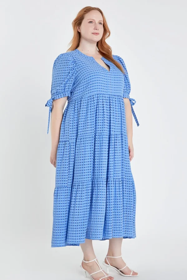 ENGLISH FACTORY White Dresses | Tops*- Gingham Tiered Midi Dress with Bow Tie Sleeves - Plus
