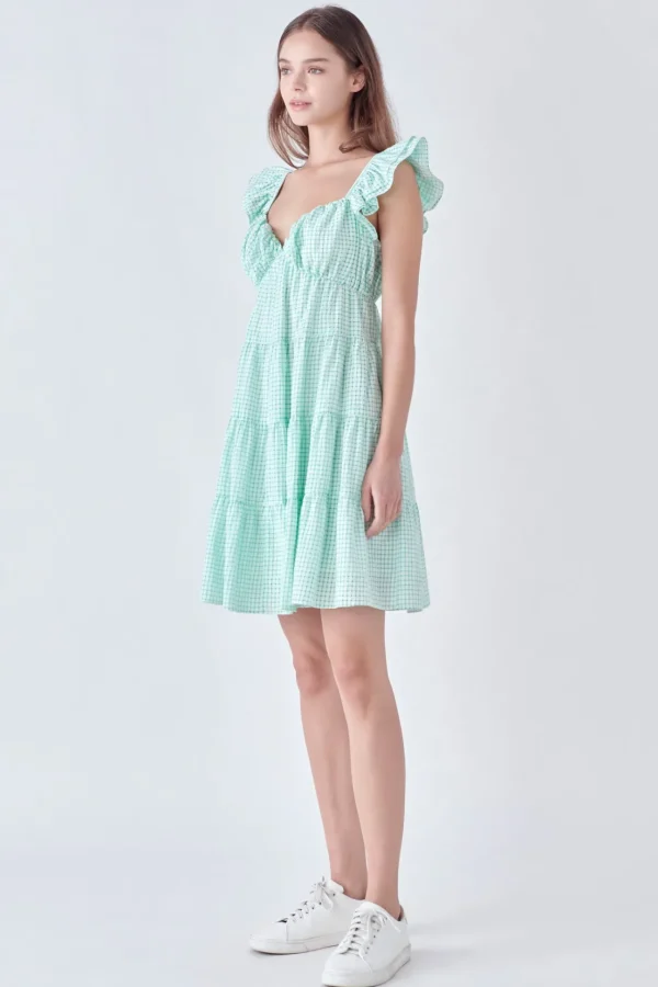 ENGLISH FACTORY Tops*- Gingham Printed Tiered Mini Dress