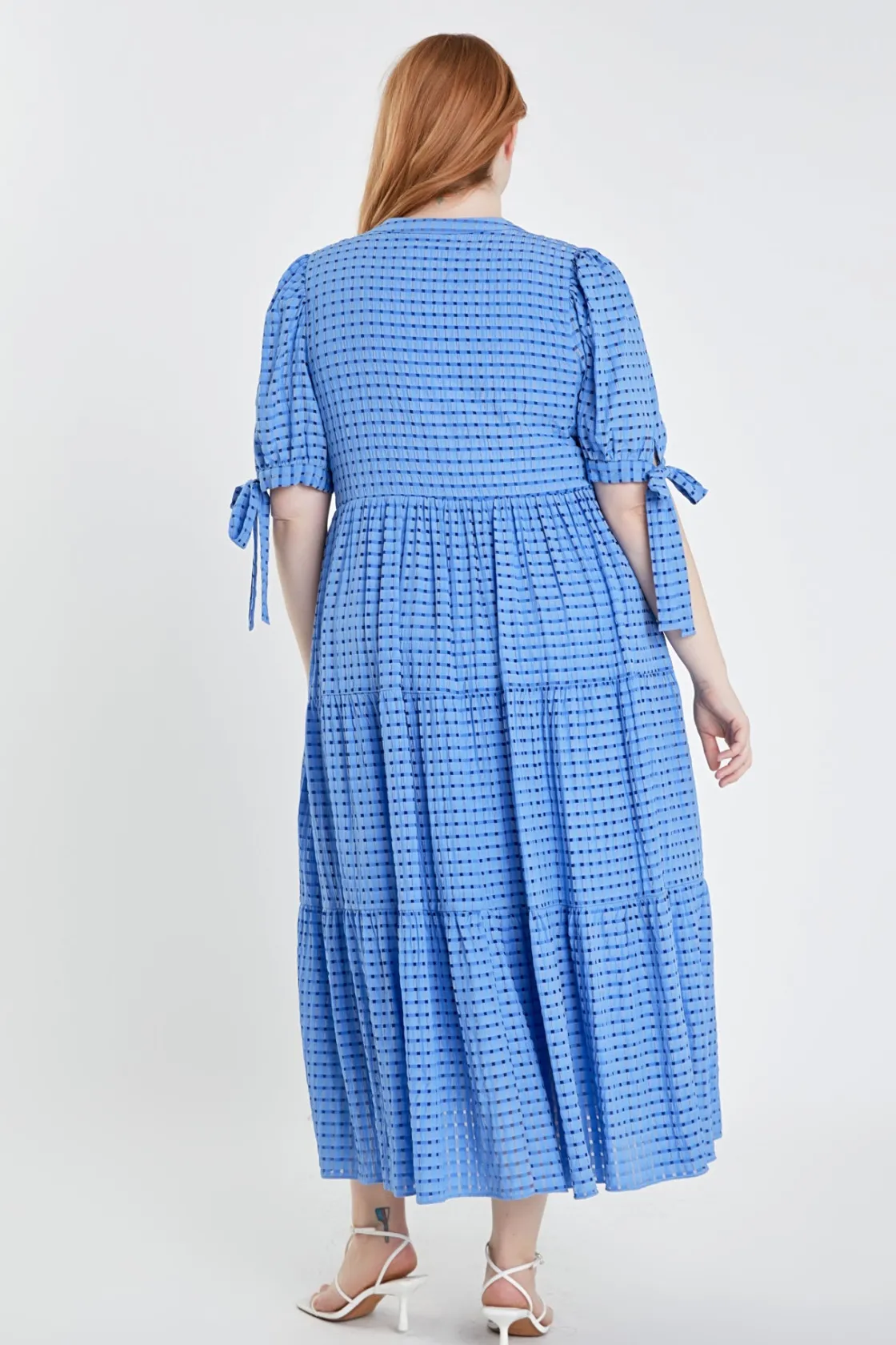 english_factory__gingham__7-3.webp ENGLISH FACTORY White Dresses | Tops*- Gingham Tiered Midi Dress with Bow Tie Sleeves - Plus
