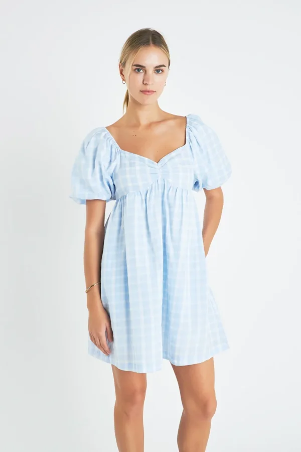 ENGLISH FACTORY Puff Sleeve | Tops*- Gingham Linen Sweetheart Baby Doll