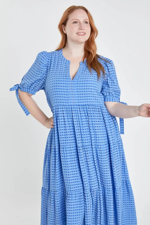 ENGLISH FACTORY White Dresses | Tops*- Gingham Tiered Midi Dress with Bow Tie Sleeves - Plus
