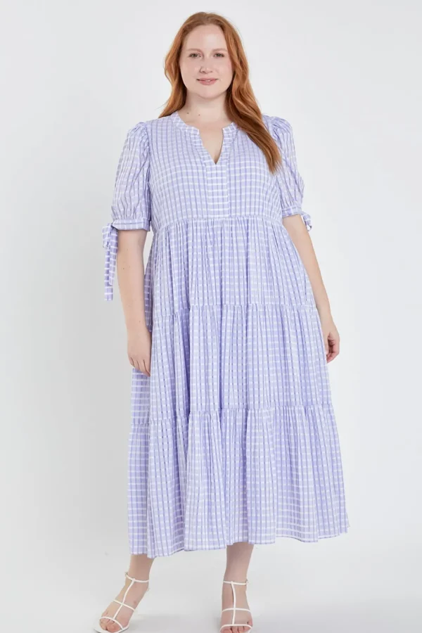 ENGLISH FACTORY White Dresses | Tops*- Gingham Tiered Midi Dress with Bow Tie Sleeves - Plus