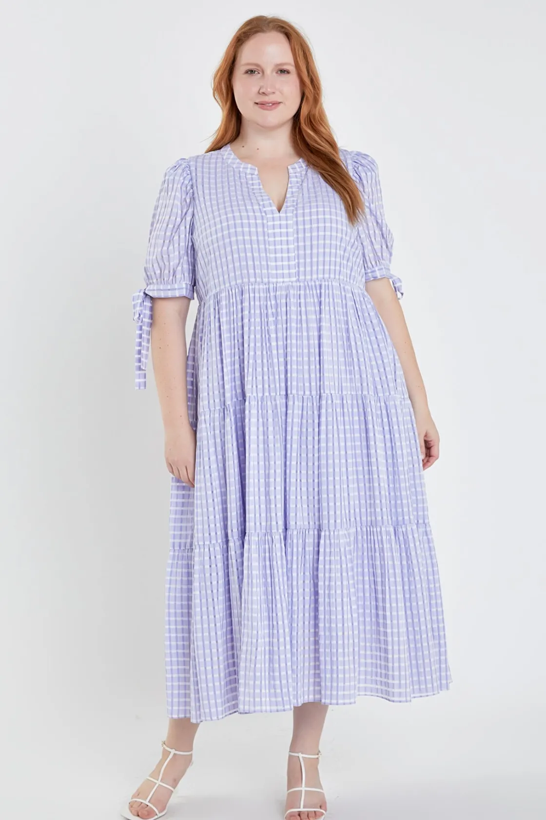 english_factory__gingham__9.webp ENGLISH FACTORY White Dresses | Tops*- Gingham Tiered Midi Dress with Bow Tie Sleeves - Plus