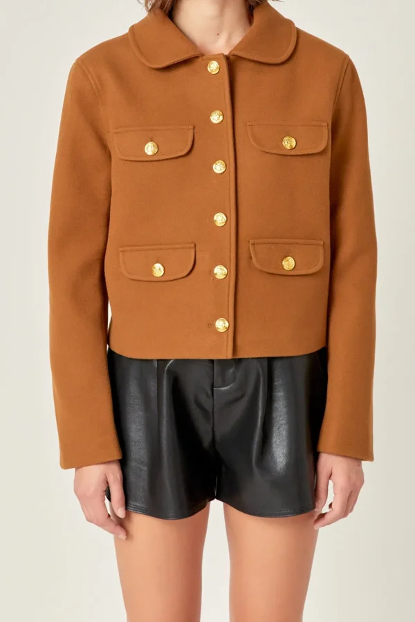 ENGLISH FACTORY Jackets & Coats | Tops*- Gold Button Pointed Wool Jacket OLIVEBROWN