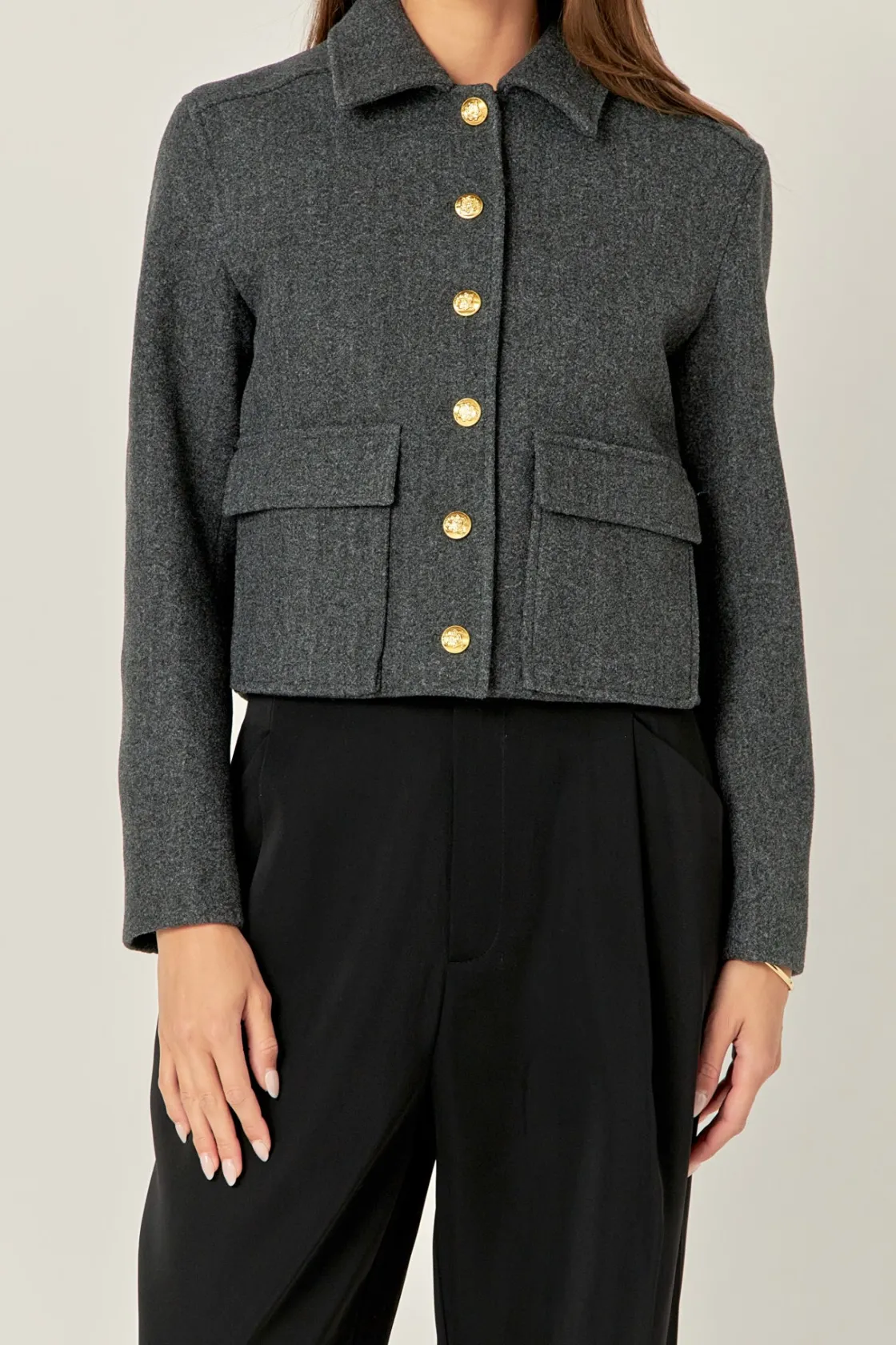 english_factory__gold_but_0-3.webp ENGLISH FACTORY Jackets & Coats | Tops*- Gold Button Cropped Jacket CHARCOAL