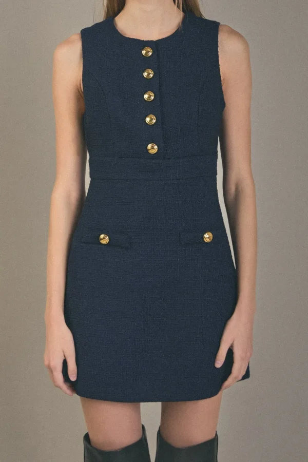 ENGLISH FACTORY Matching Sets | Tops*- Gold Button Pointed Tweed Dress NAVY