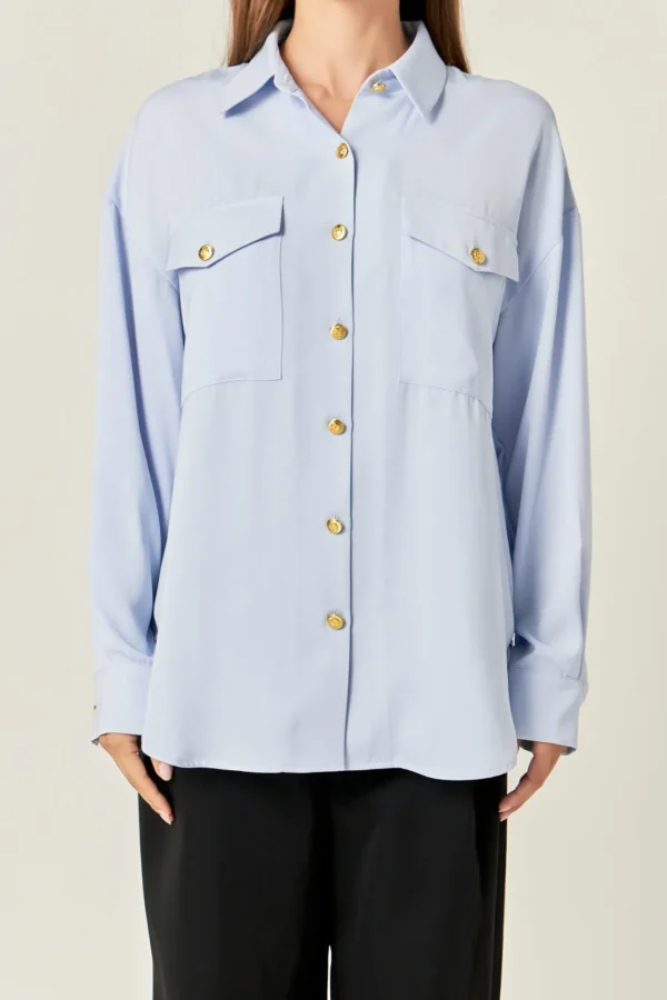 ENGLISH FACTORY Tops*- Gold Button Shirt Blouse POWDERBLUE