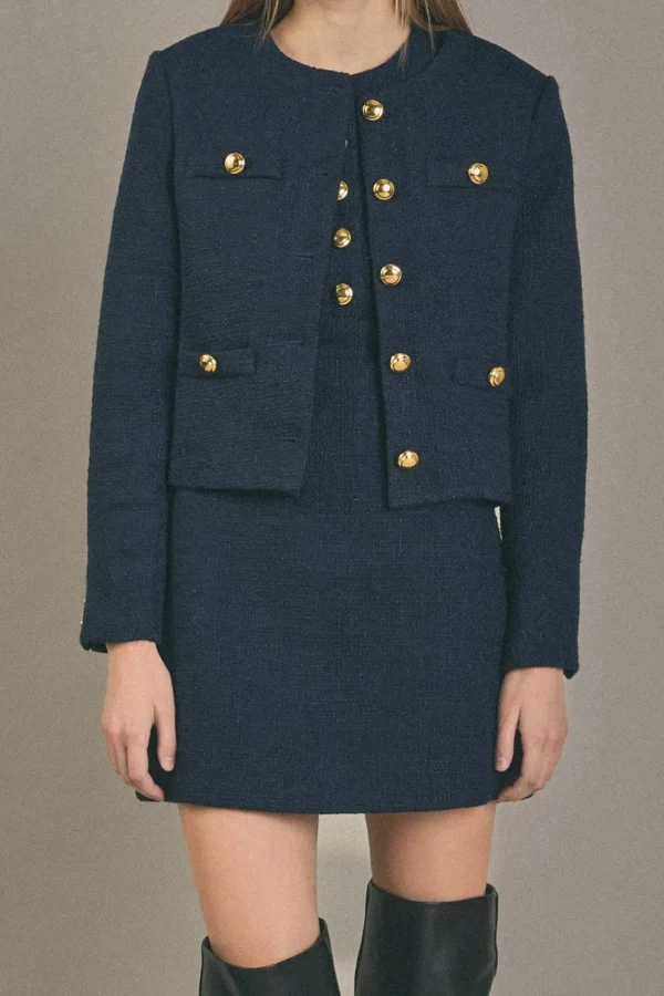ENGLISH FACTORY Matching Sets | Jackets & Coats*- Gold Button Pointed Tweed Jacket NAVY