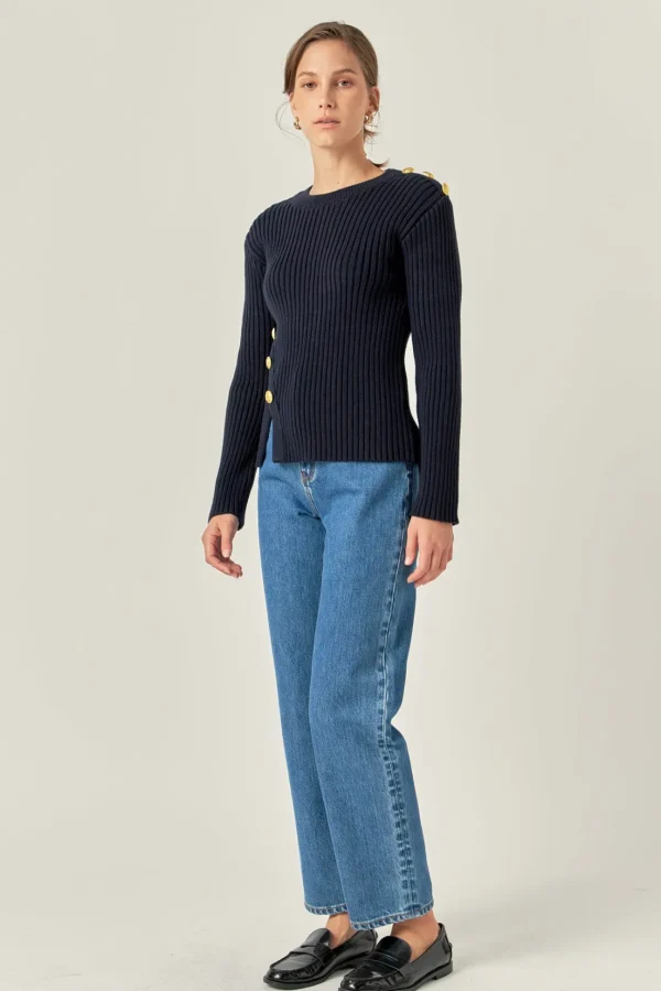 ENGLISH FACTORY Tops*- Gold Button Detailed Knit Top NAVY