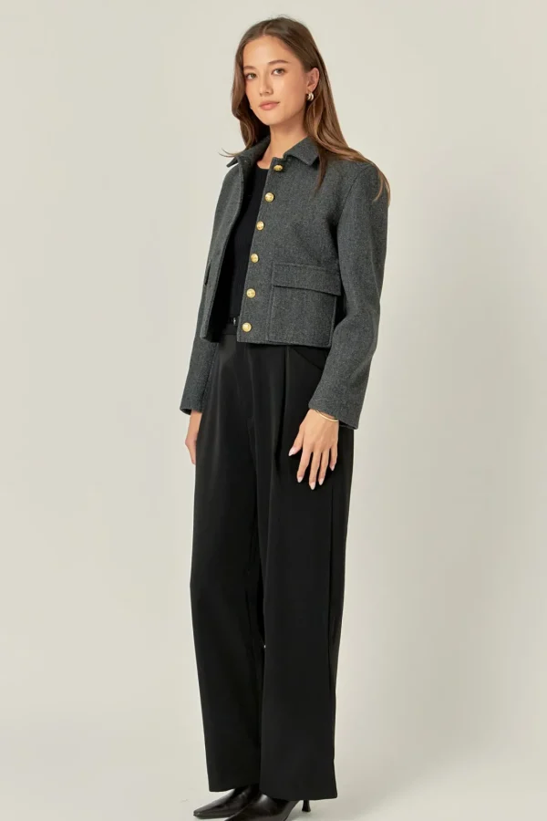 ENGLISH FACTORY Jackets & Coats | Tops*- Gold Button Cropped Jacket CHARCOAL