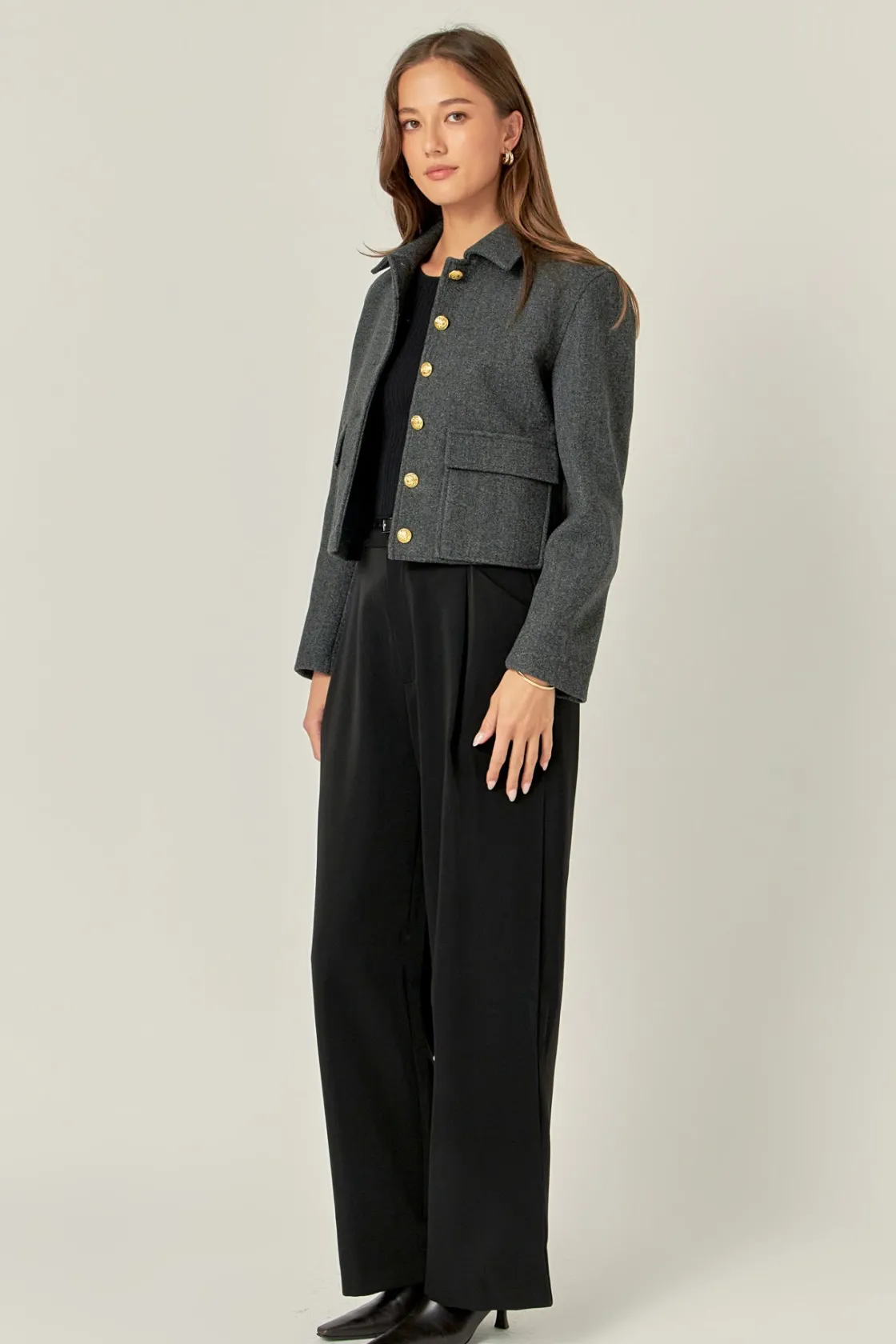 english_factory__gold_but_1-3.webp ENGLISH FACTORY Jackets & Coats | Tops*- Gold Button Cropped Jacket CHARCOAL