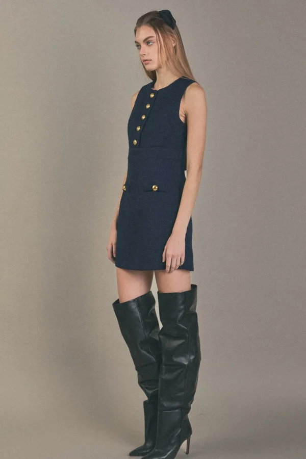 ENGLISH FACTORY Matching Sets | Tops*- Gold Button Pointed Tweed Dress NAVY