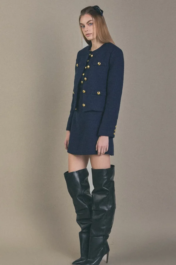 ENGLISH FACTORY Matching Sets | Jackets & Coats*- Gold Button Pointed Tweed Jacket NAVY
