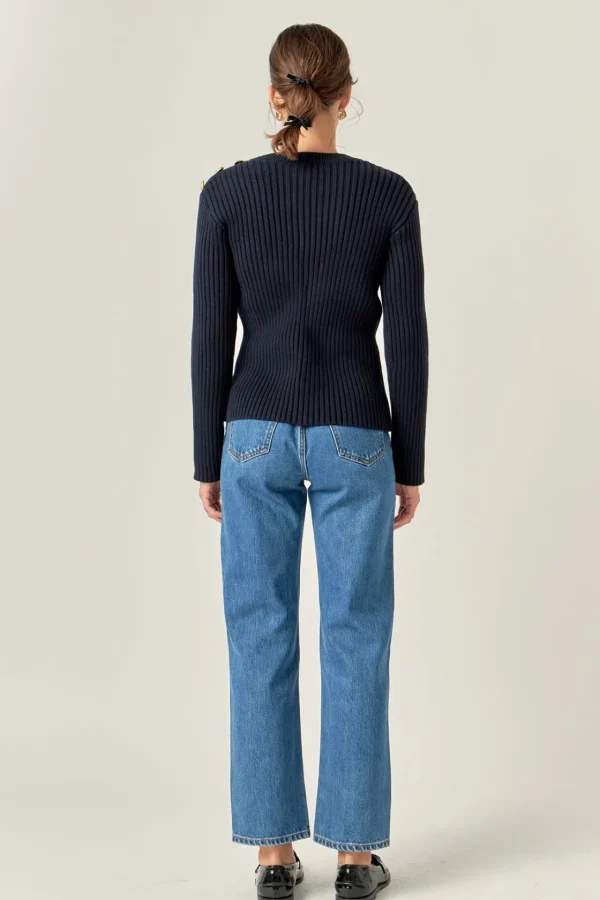 ENGLISH FACTORY Tops*- Gold Button Detailed Knit Top NAVY