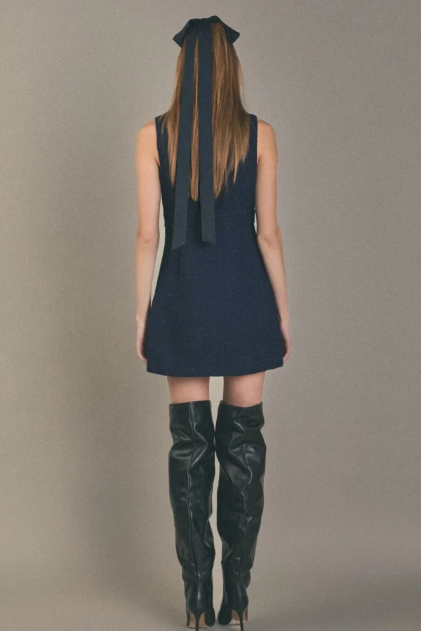 ENGLISH FACTORY Matching Sets | Tops*- Gold Button Pointed Tweed Dress NAVY