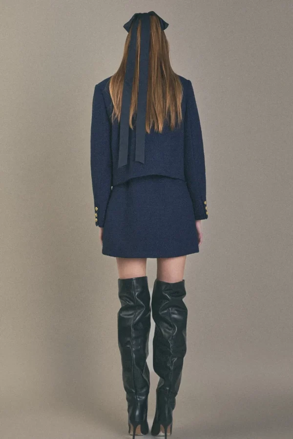ENGLISH FACTORY Matching Sets | Jackets & Coats*- Gold Button Pointed Tweed Jacket NAVY